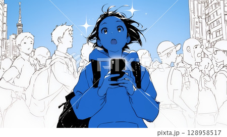 スマホの画面を見て驚いている若い女性（シンプルな色使い）