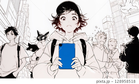 スマホの画面を見て驚いている若い女性（シンプルな色使い）
