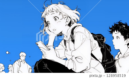 スマホの画面を見て驚いている若い女性（シンプルな色使い）
