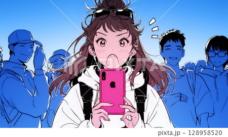 スマホの画面を見て驚いている若い女性（シンプルな色使い）