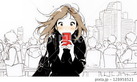 スマホの画面を見て驚いている若い女性（シンプルな色使い）