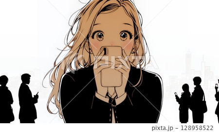 スマホの画面を見て驚いている若い女性（シンプルな色使い）