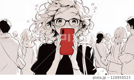スマホの画面を見て驚いている若い女性（シンプルな色使い）