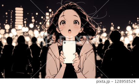 スマホの画面を見て驚いている若い女性（シンプルな色使い）