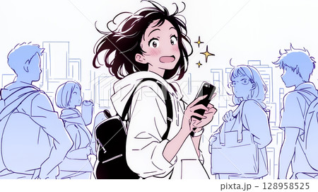 スマホの画面を見て驚いている若い女性（シンプルな色使い）