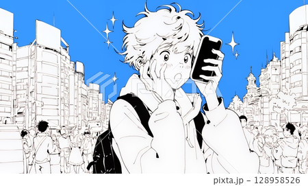 スマホの画面を見て驚いている若い女性（シンプルな色使い）