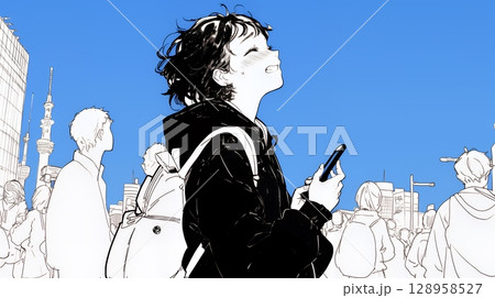 スマホの画面を見て驚いている若い女性（シンプルな色使い）