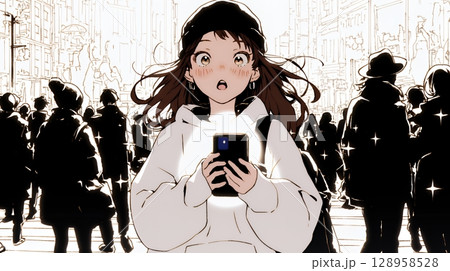 スマホの画面を見て驚いている若い女性（シンプルな色使い）