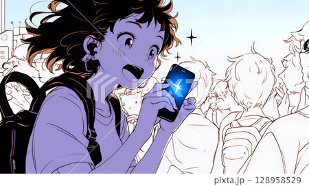 スマホの画面を見て驚いている若い女性（シンプルな色使い）