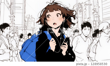 スマホの画面を見て驚いている若い女性（シンプルな色使い）