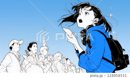 スマホの画面を見て驚いている若い女性（シンプルな色使い）