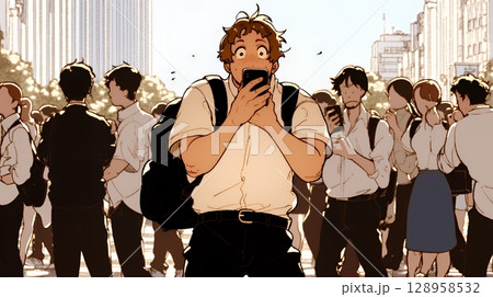 スマホの画面を見て驚いている若い男性（シンプルな色使い）