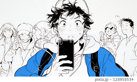 スマホの画面を見て驚いている若い男性（シンプルな色使い）
