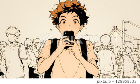 スマホの画面を見て驚いている若い男性（シンプルな色使い）