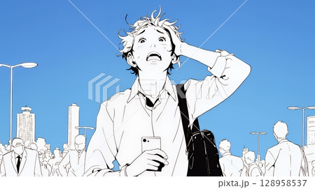 スマホの画面を見て驚いている若い男性（シンプルな色使い）
