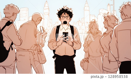 スマホの画面を見て驚いている若い男性（シンプルな色使い）