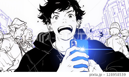 スマホの画面を見て驚いている若い男性（シンプルな色使い）