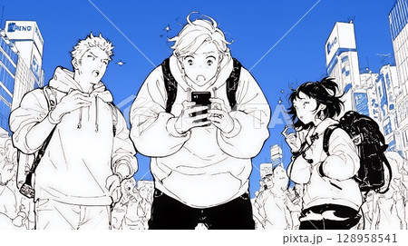 スマホの画面を見て驚いている若い男性（シンプルな色使い）