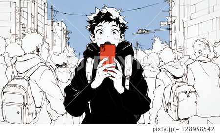 スマホの画面を見て驚いている若い男性（シンプルな色使い）