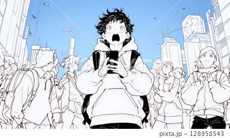スマホの画面を見て驚いている若い男性（シンプルな色使い）