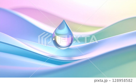 パステルカラーの柔らかな光と波の中に、ひと粒だけそっと置かれたガラスのしずく。 128958582