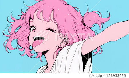舌を出して陽気におどけている若い女性（シンプルな色使い） 128958626