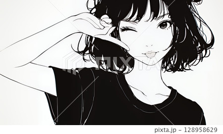 舌を出して陽気におどけている若い女性（シンプルな色使い） 128958629