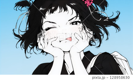 舌を出して陽気におどけている若い女性（シンプルな色使い）