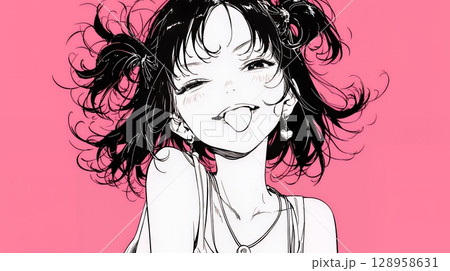 舌を出して陽気におどけている若い女性（シンプルな色使い） 128958631