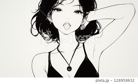 舌を出して陽気におどけている若い女性（シンプルな色使い）