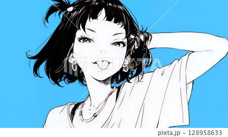 舌を出して陽気におどけている若い女性（シンプルな色使い）