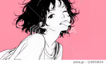 舌を出して陽気におどけている若い女性（シンプルな色使い）