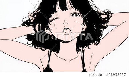 舌を出して陽気におどけている若い女性（シンプルな色使い） 128958637