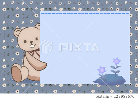 かわいいクマさんと花のイラストフレーム かわいいクマさんと花のイラストフレーム 128958670