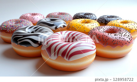 Variation of Sweet glazed donuts with sprinkles on white background, Delicious colorful donuts concept Variation of Sweet glazed donuts with sprinkles on white background, Delicious colorful donuts concept 128958722