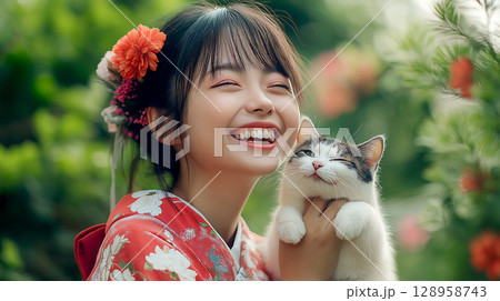 Adorable little japanese girl in Kimono costume holding her Scottish fold kitten in the garden spring time sunset, relaxation concept 128958743