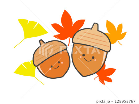秋のどんぐりと紅葉のイラスト 128958767