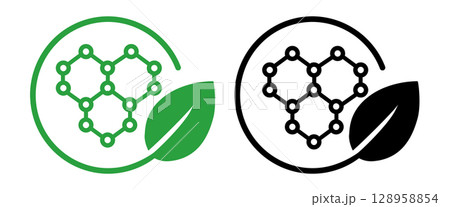 Icon sustainable chemistry green science eco-friendly materials or compounds featuring a hexagonal molecular structure within a circular frame paired with a green leaf 128958854