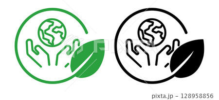 icon depicting hands cradling a globe within a circular frame and green leaf symbolizing global environmental protection earth care and responsible planetary stewardship 128958856