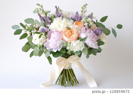 This pastel bouquet showcases mint green eucalyptus leaves, soft pink peonies, and lavender roses elegantly tied with a cream ribbon, perfect for any floral arrangement. 128959672