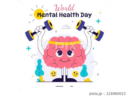 Mental Health Vector Illustration Featuring a Brain and Flowers, Symbolizing Enjoying Life, Solving Mental Problems, and Thinking Positively 128960023