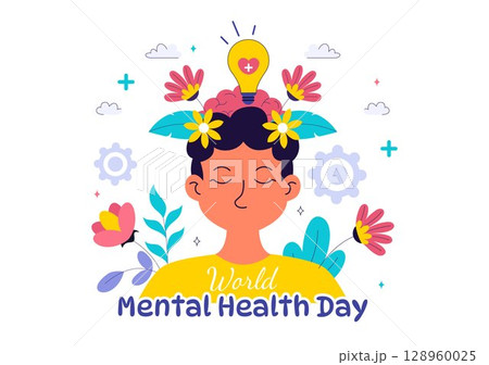 Mental Health Vector Illustration Featuring a Brain and Flowers, Symbolizing Enjoying Life, Solving Mental Problems, and Thinking Positively 128960025