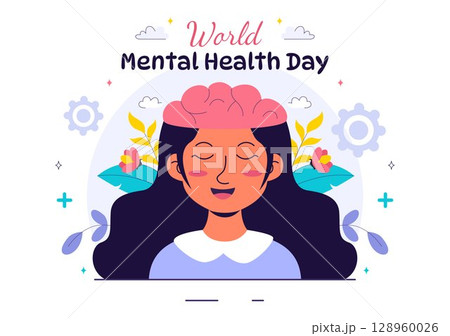 Mental Health Vector Illustration Featuring a Brain and Flowers, Symbolizing Enjoying Life, Solving Mental Problems, and Thinking Positively 128960026