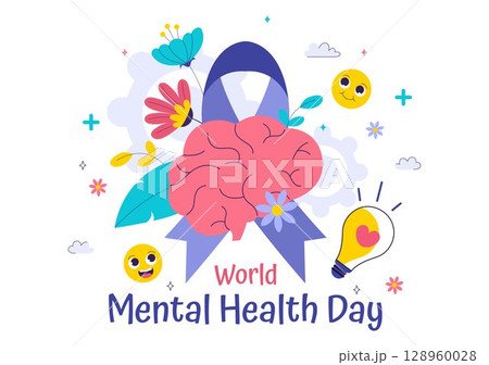 Mental Health Vector Illustration Featuring a Brain and Flowers, Symbolizing Enjoying Life, Solving Mental Problems, and Thinking Positively 128960028