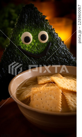 Happy Nori Seaweed Character with Bowl of Crackers and Broth. 128960067