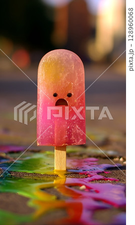 Sad Melty Popsicle on a Hot Summer Day With Rainbow Colors. 128960068