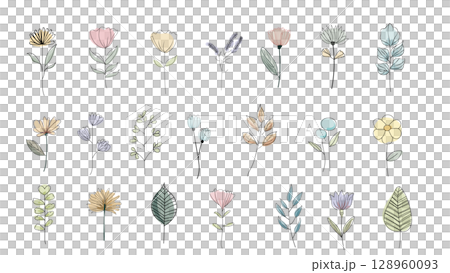 手繪花朵和葉子的彩色植物插圖集 手繪花朵和葉子的彩色植物插圖集 128960093