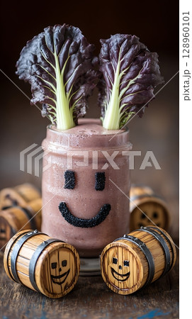 Smoothie Jar with Happy Face and Mini Barrels, A Fun Treat. 128960101