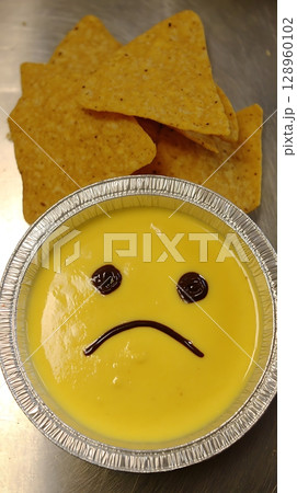 Sad Face Cheese Dip with Tortilla Chips Ready for a Snack. Sad Face Cheese Dip with Tortilla Chips Ready for a Snack. 128960102