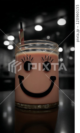 Happy Face Drink in a Jar with Colorful Straw. Happy Face Drink in a Jar with Colorful Straw. 128960155